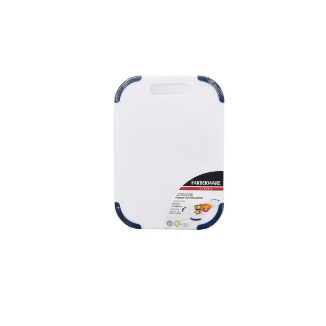 Farberware Classic 10-inch x 14-inch White Poly Cutting Board with Navy Nonslip Corners