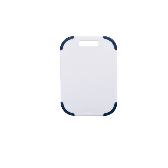 Farberware Classic 10-inch x 14-inch White Poly Cutting Board with Navy Nonslip Corners